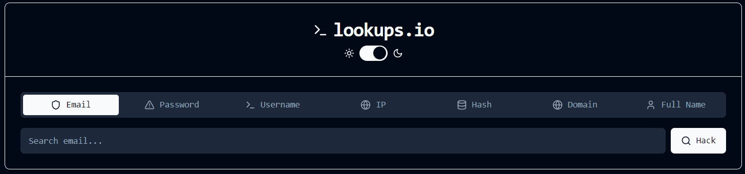 lookups.io dark mode interface